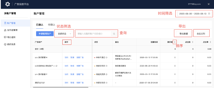vivo代运营可进行查询、筛选、自定义列、排序、账户操作和导出等功能，数据看板包括转化、点击和消耗等80+指标