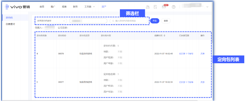 vivo广告共享定向包界面概览